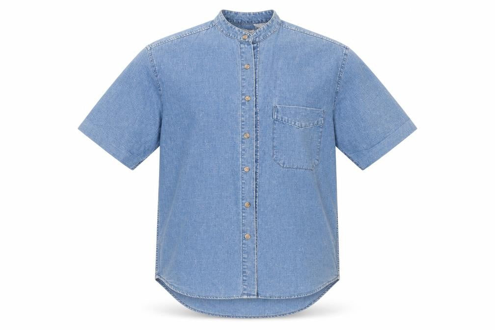 Front view of The Trader Jeans Company men’s blue cotton button-up, size S, round neck button