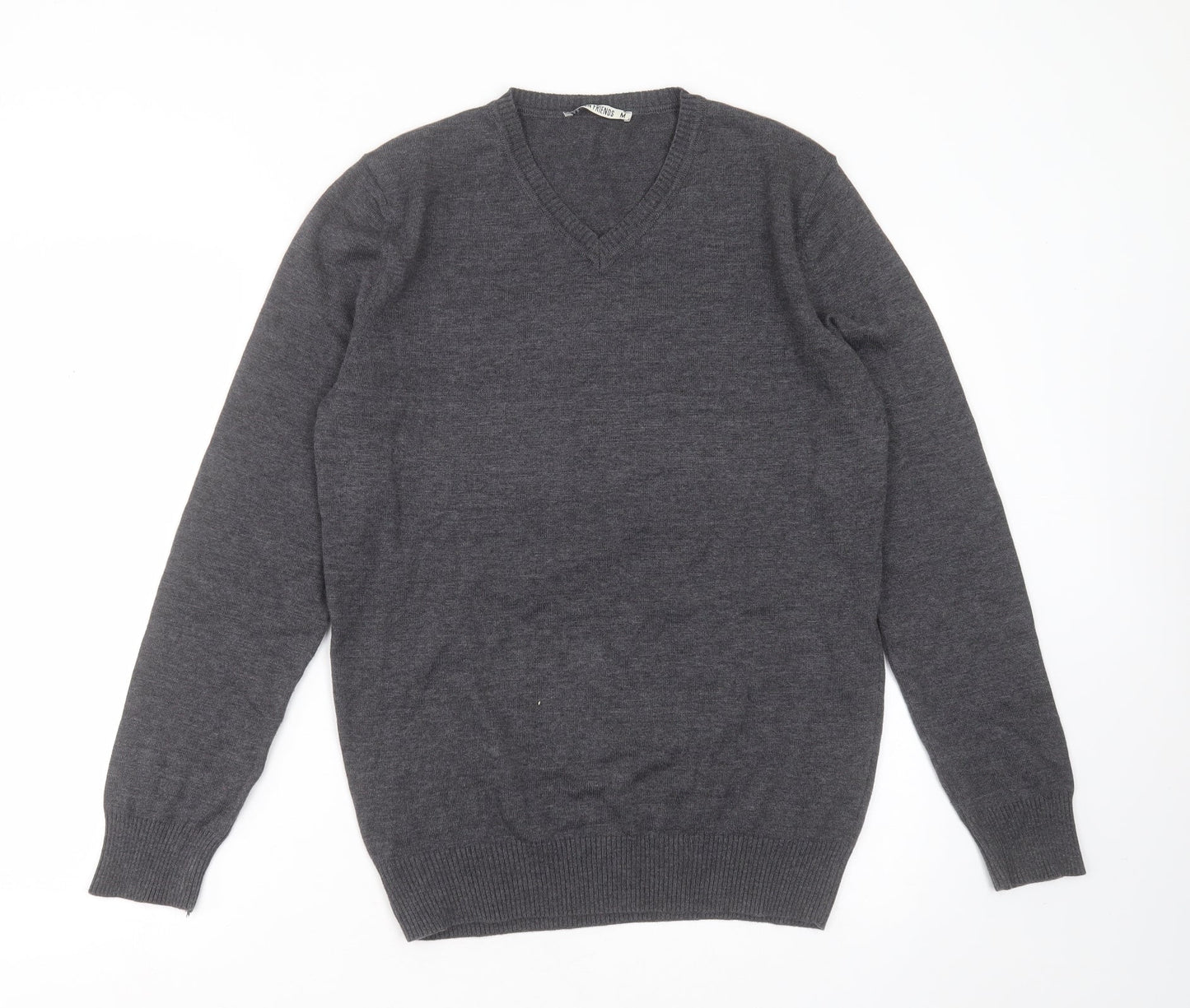 Fashion Friends Mens Grey V-Neck  Cotton Pullover Jumper Size M