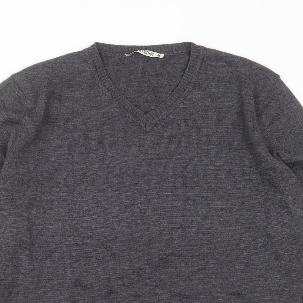 Fashion Friends Mens Grey V-Neck  Cotton Pullover Jumper Size M