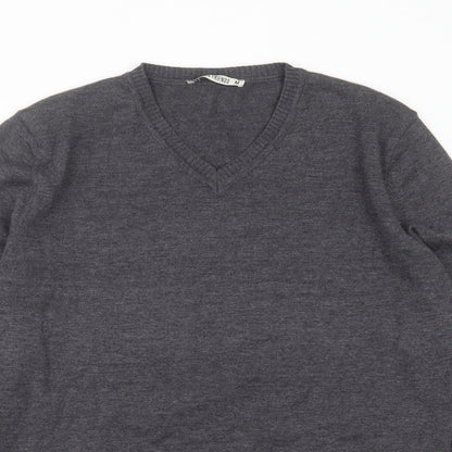 Fashion Friends Mens Grey V-Neck  Cotton Pullover Jumper Size M