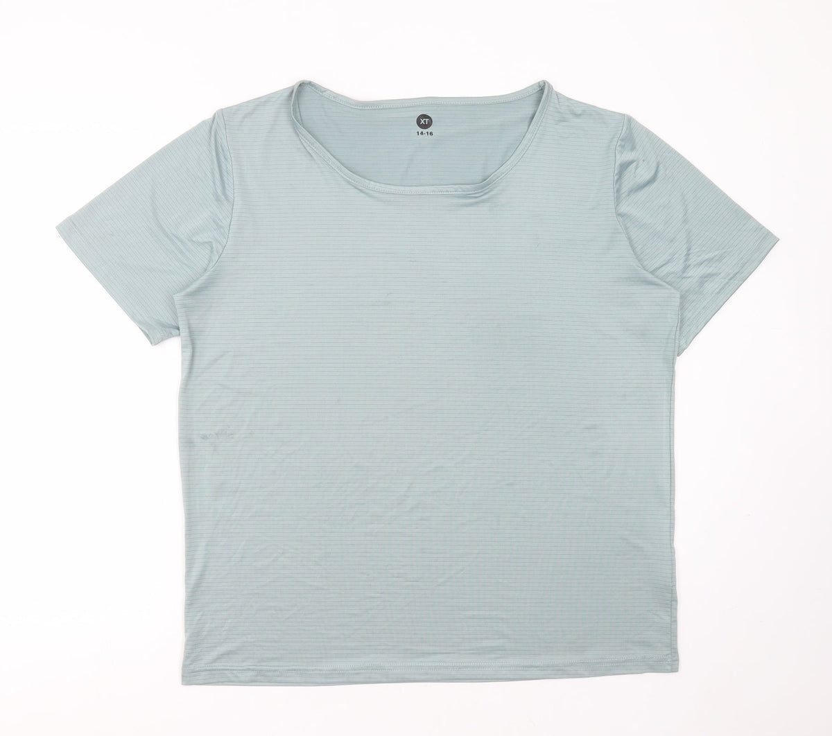 Additional front view of XT women’s green striped polyester basic t-shirt, size UK 14, round neck