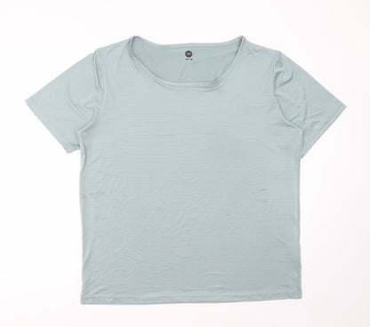 Additional front view of XT women’s green striped polyester basic t-shirt, size UK 14, round neck