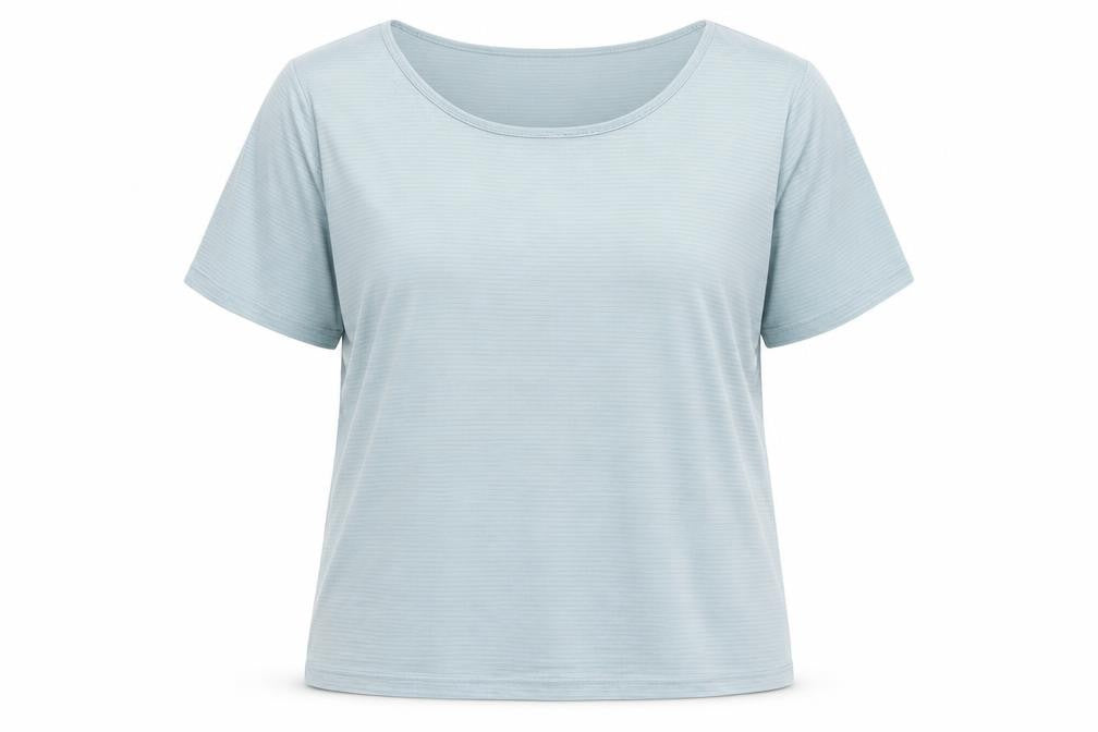 Front view of XT women’s green striped polyester basic t-shirt, size UK 14, round neck
