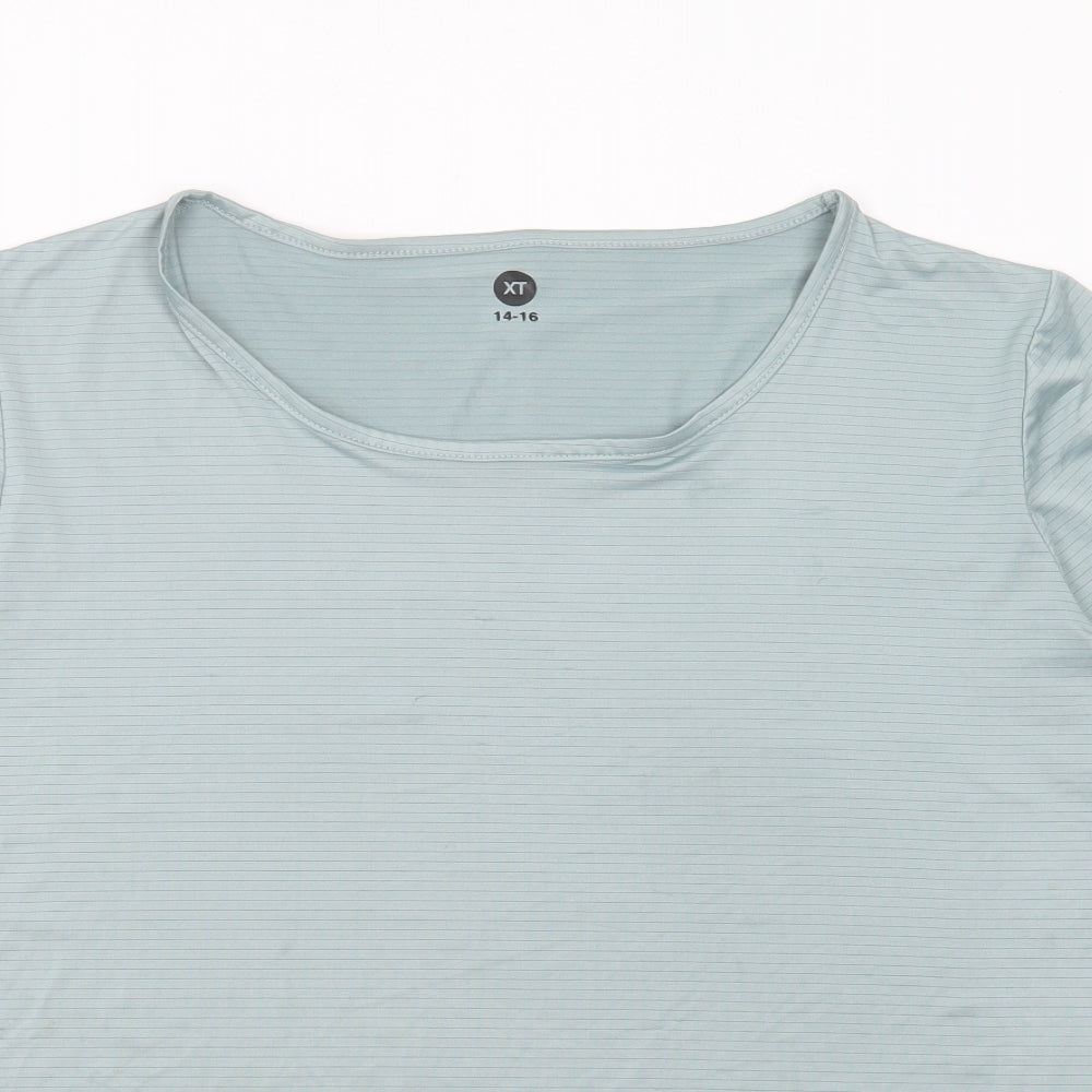Close-up detail of XT women’s green striped polyester basic t-shirt, size UK 14, round neck