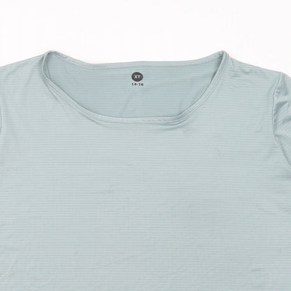 Close-up detail of XT women’s green striped polyester basic t-shirt, size UK 14, round neck