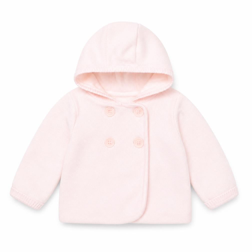 Front view of Mini Club girls’ pink cotton cardigan jumper, size 6-9, months button - hoodie