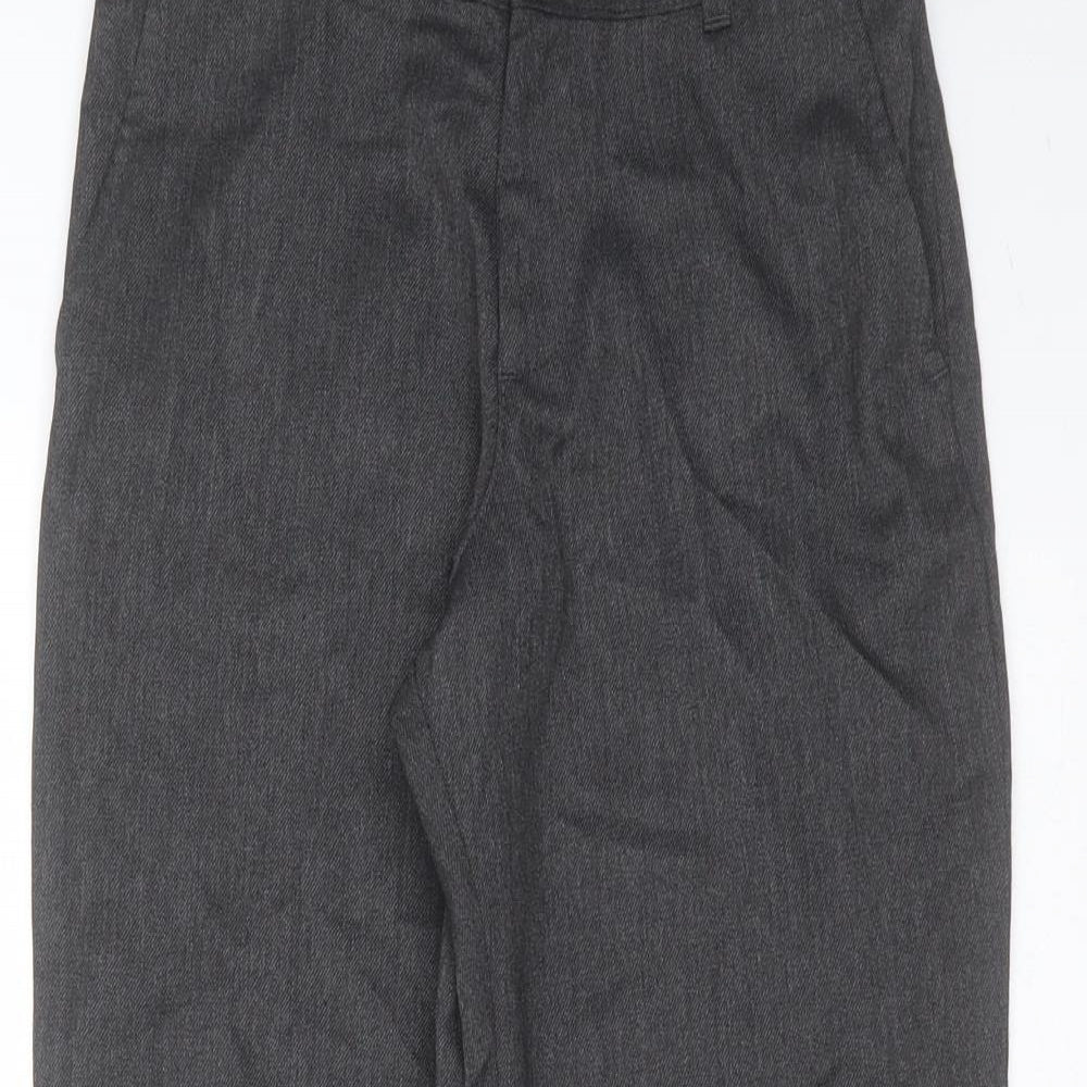 Close-up detail of George boys’ grey polyester trousers, size 9-10, years regular zip - school