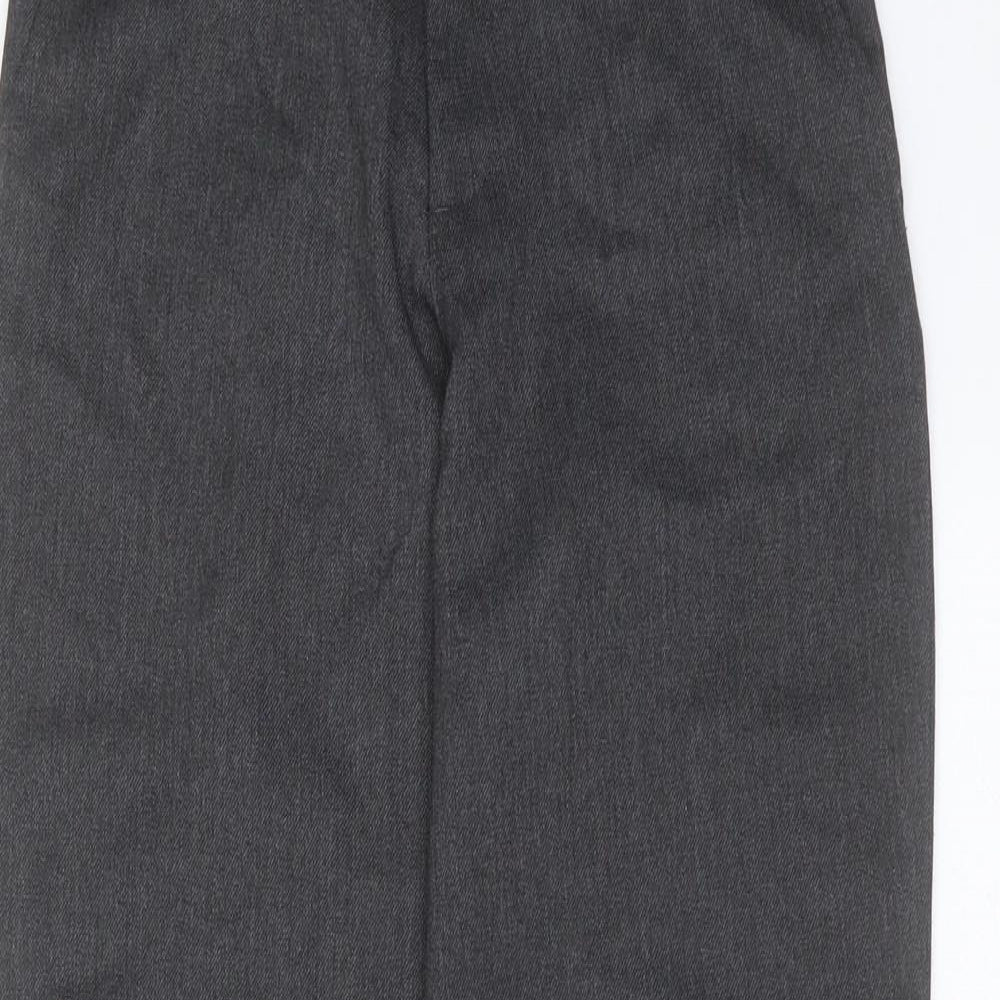 Close-up detail of George boys’ grey polyester trousers, size 9-10, years regular zip - school
