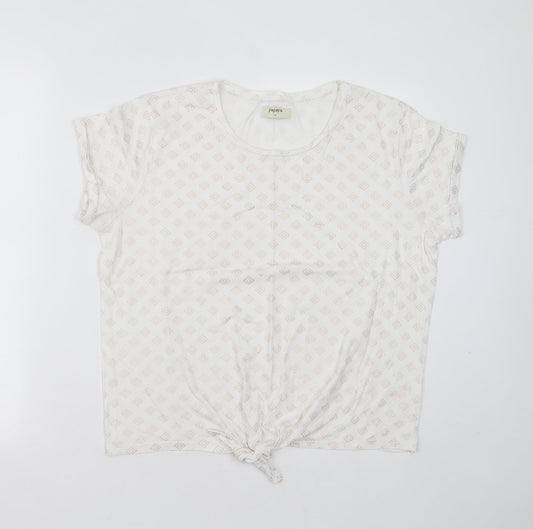 Papaya Womens White Geometric Cotton Basic T-Shirt Size 14 Round Neck - tie Front Detail