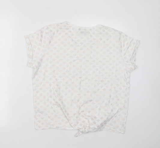 Papaya Womens White Geometric Cotton Basic T-Shirt Size 14 Round Neck - tie Front Detail