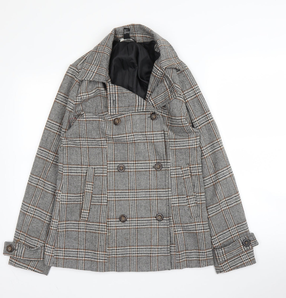 Additional front view of Forever 21 women’s beige plaid pea coat blazer, size S, button