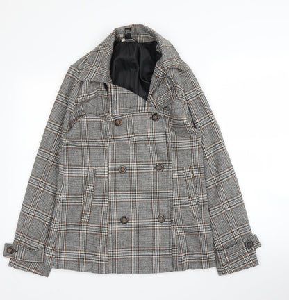 Additional front view of Forever 21 women’s beige plaid pea coat blazer, size S, button