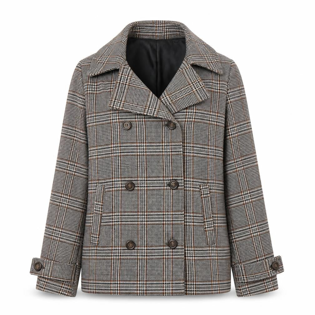 Front view of Forever 21 women’s beige plaid pea coat blazer, size S, button
