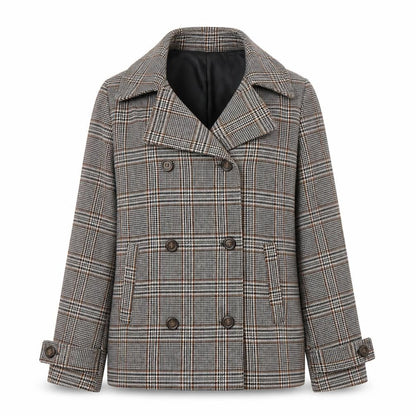 Front view of Forever 21 women’s beige plaid pea coat blazer, size S, button