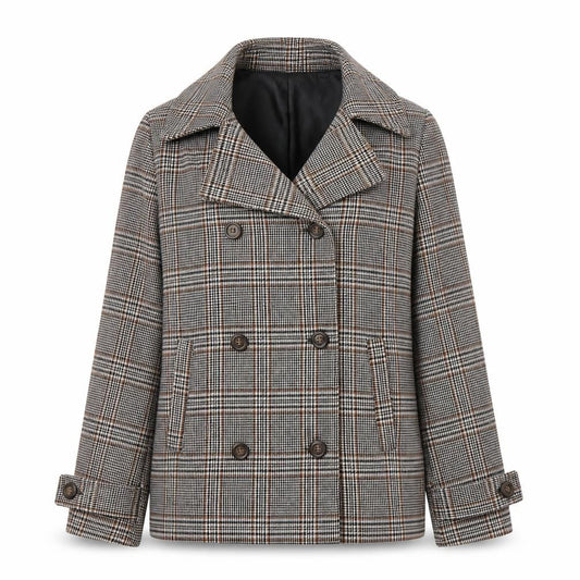 Front view of Forever 21 women’s beige plaid pea coat blazer, size S, button