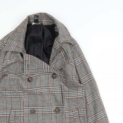 Close-up detail of Forever 21 women’s beige plaid pea coat blazer, size S, button