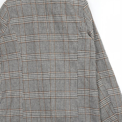 Brand and care label for Forever 21 women’s beige plaid pea coat blazer, size S, button