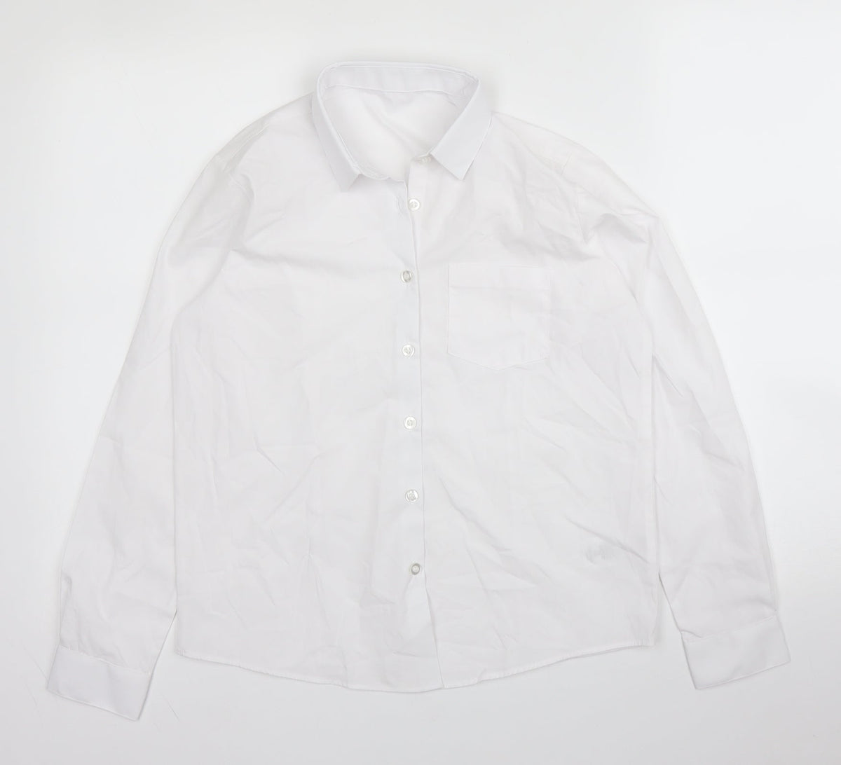 Front view of George boys’ white cotton basic button-up, size 11, years collared button
