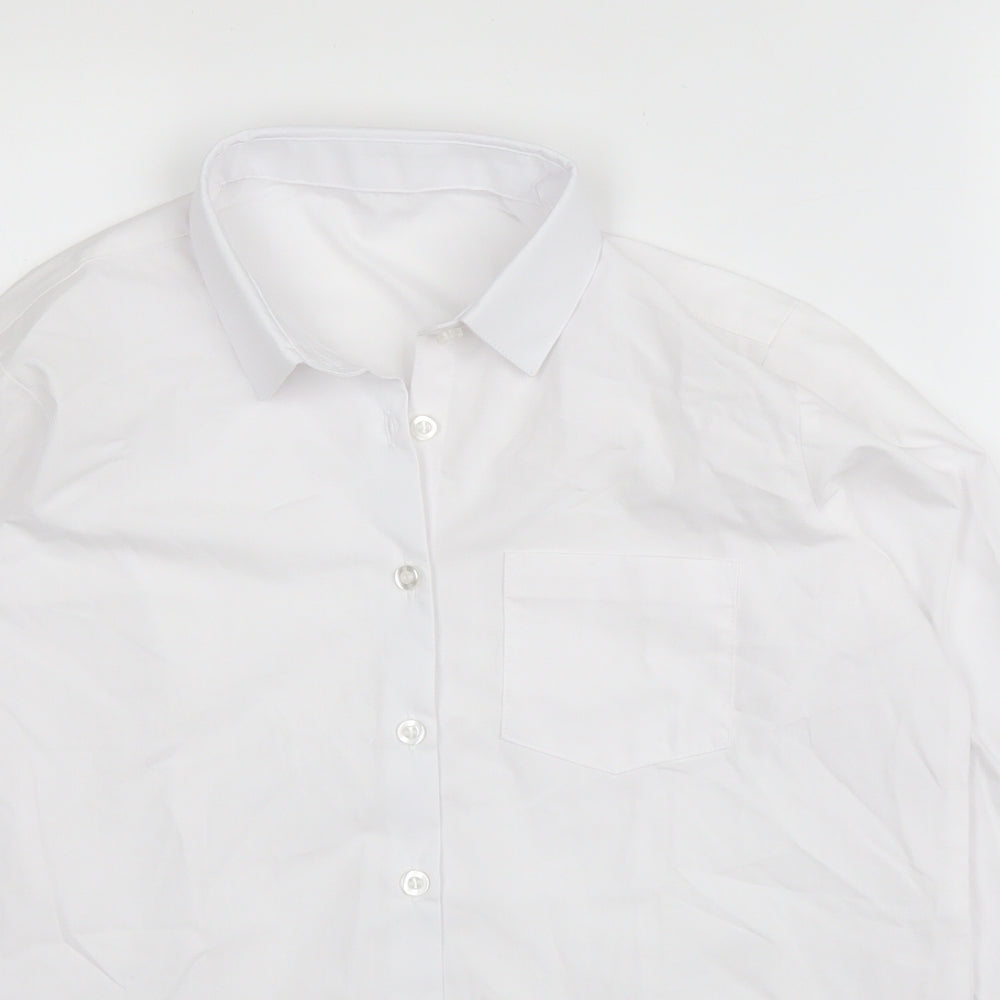 Close-up detail of George boys’ white cotton basic button-up, size 11, years collared button