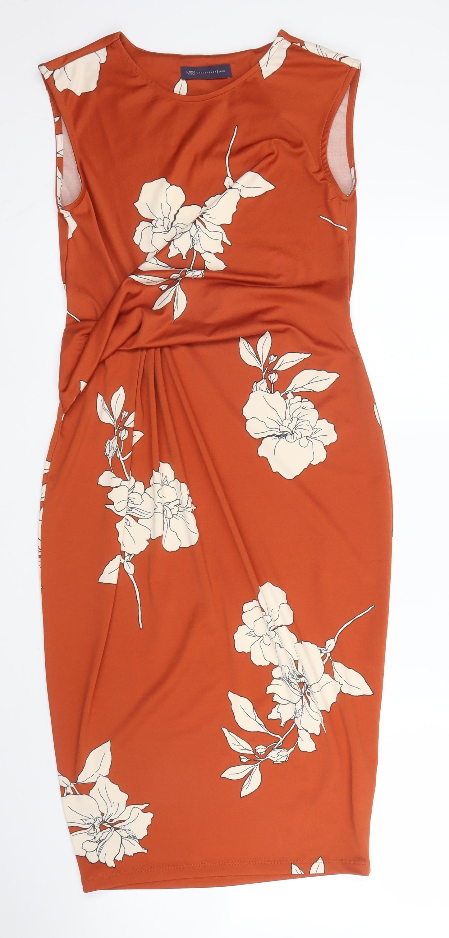 M&S Womens Orange Floral Polyester Sheath  Size 6  Round Neck