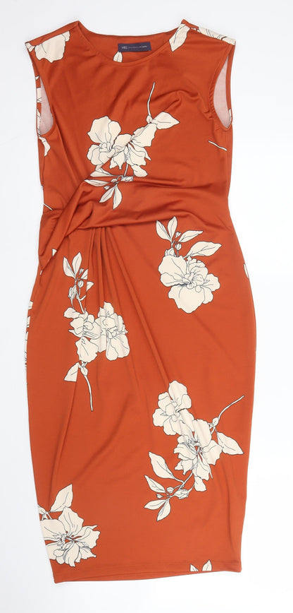 M&S Womens Orange Floral Polyester Sheath  Size 6  Round Neck