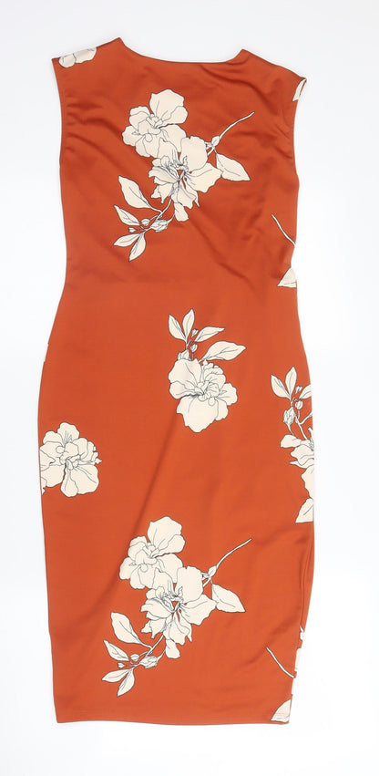 M&S Womens Orange Floral Polyester Sheath  Size 6  Round Neck