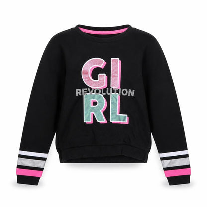 Front view of Pep&Co girls’ black cotton pullover sweatshirt, size 10-11, years