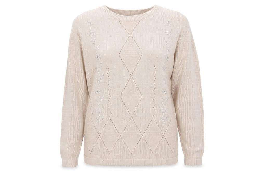 Front view of New Mood women’s brown round neck acrylic jumper, size M