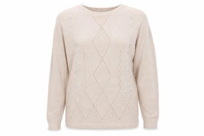 Front view of New Mood women’s brown round neck acrylic jumper, size M