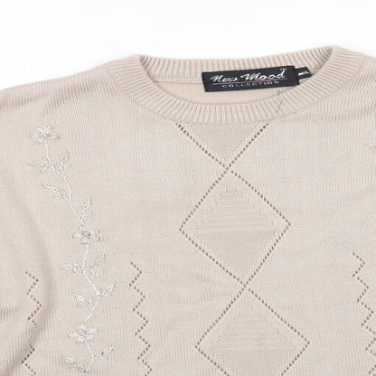 Close-up detail of New Mood women’s brown round neck acrylic jumper, size M