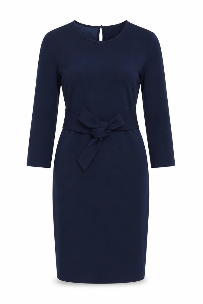 Front view of SHEIN women’s blue polyester pencil dress, size S, round neck