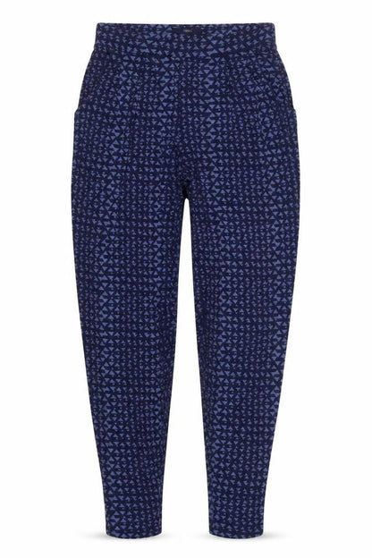 Front view of Next women’s blue geometric viscose trousers, size UK 8, 30-inch leg regular