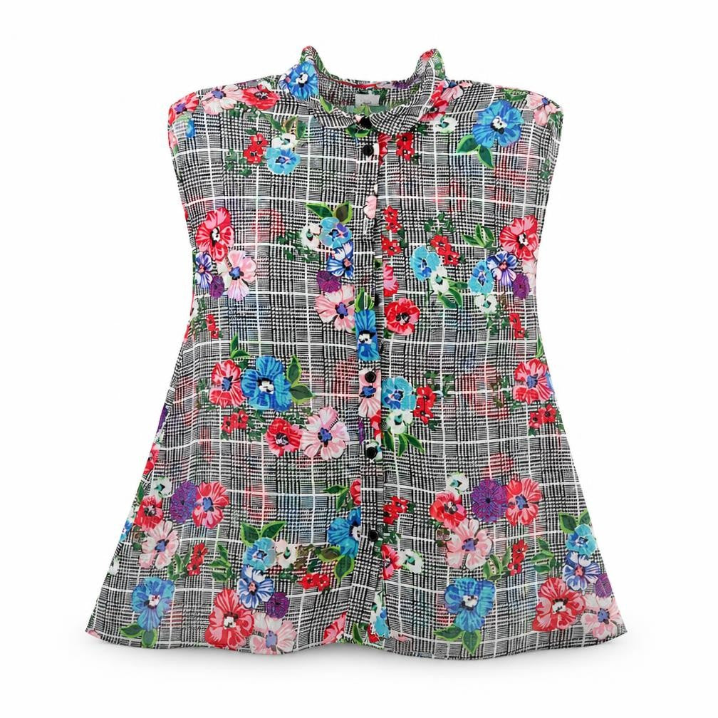 Front view of Tu girls’ grey floral polyester tunic button-up, size 7, years collared button