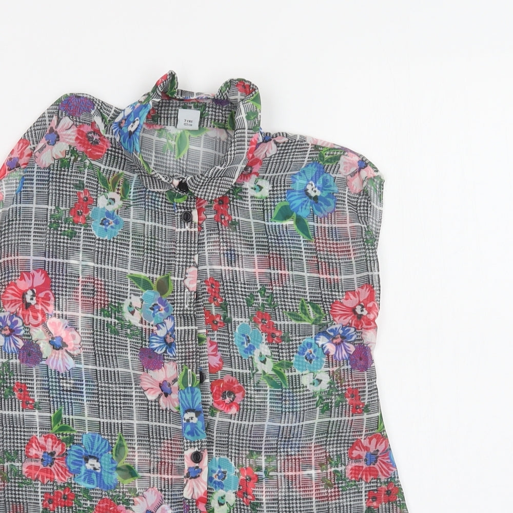 Close-up detail of Tu girls’ grey floral polyester tunic button-up, size 7, years collared button