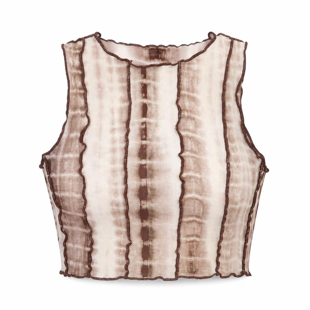 Front view of SHEIN women’s brown striped viscose cropped blouse, size XS, round neck