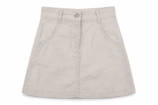 Front view of E.A Outerwear For Kids girls’ beige cotton cargo skirt, size 6-7, years regular buckle