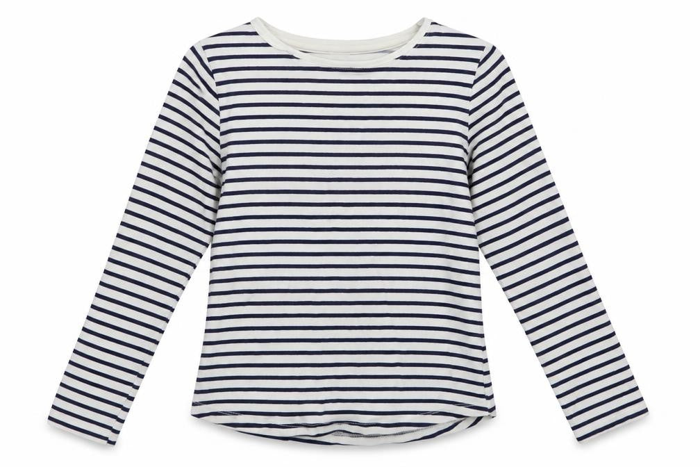 Front view of John Lewis girls’ white striped cotton basic blouse, size 8, years crew neck