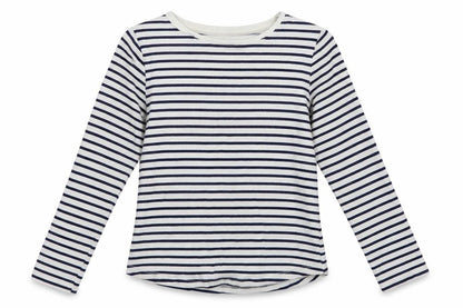 Front view of John Lewis girls’ white striped cotton basic blouse, size 8, years crew neck