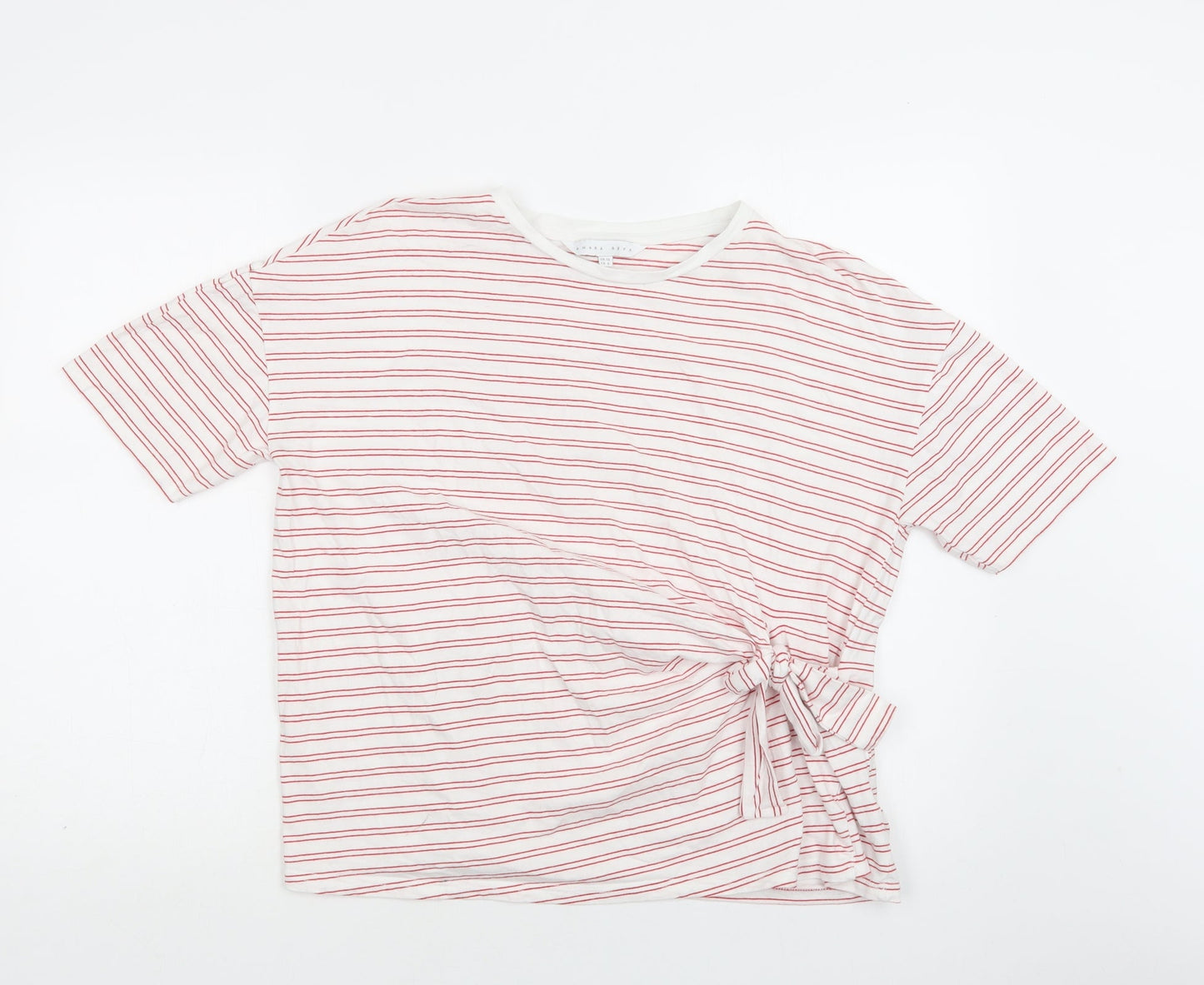 Amara Reva Womens Red Striped Cotton Basic T-Shirt Size 10 Crew Neck
