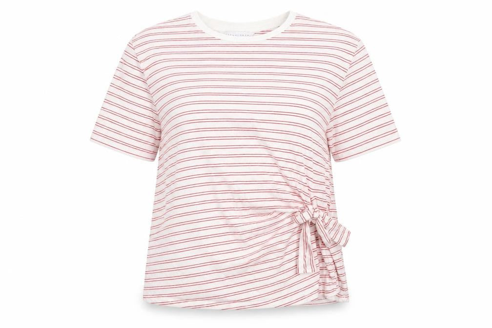 Front view of Amara Reva women’s red striped cotton basic t-shirt, size UK 10, crew neck