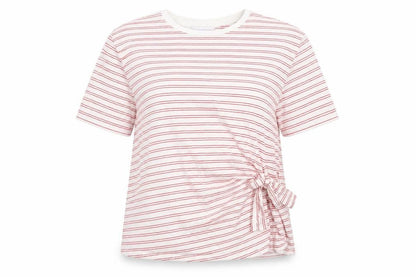 Front view of Amara Reva women’s red striped cotton basic t-shirt, size UK 10, crew neck