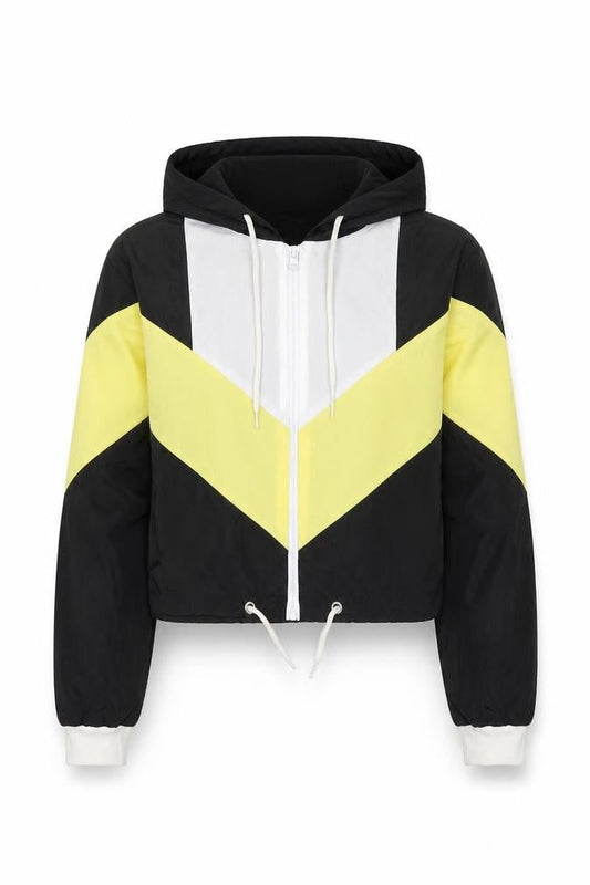 Front view of Rising women’s black jacket, size S, zip - yellow colour block