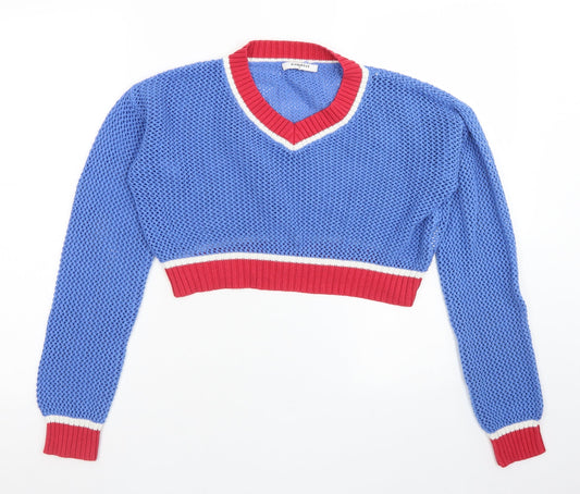 Glamorous Womens Blue V-Neck  Acrylic Pullover Jumper Size S   - Cropped