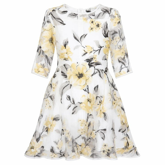 Front view of HX women’s clear floral polyester fit & flare, size L, round neck zip