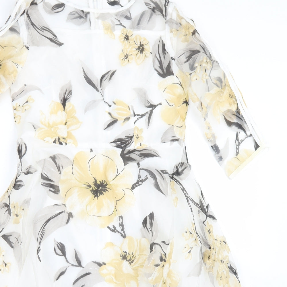 HX Womens Clear Floral Polyester Fit & Flare  Size L  Round Neck Zip