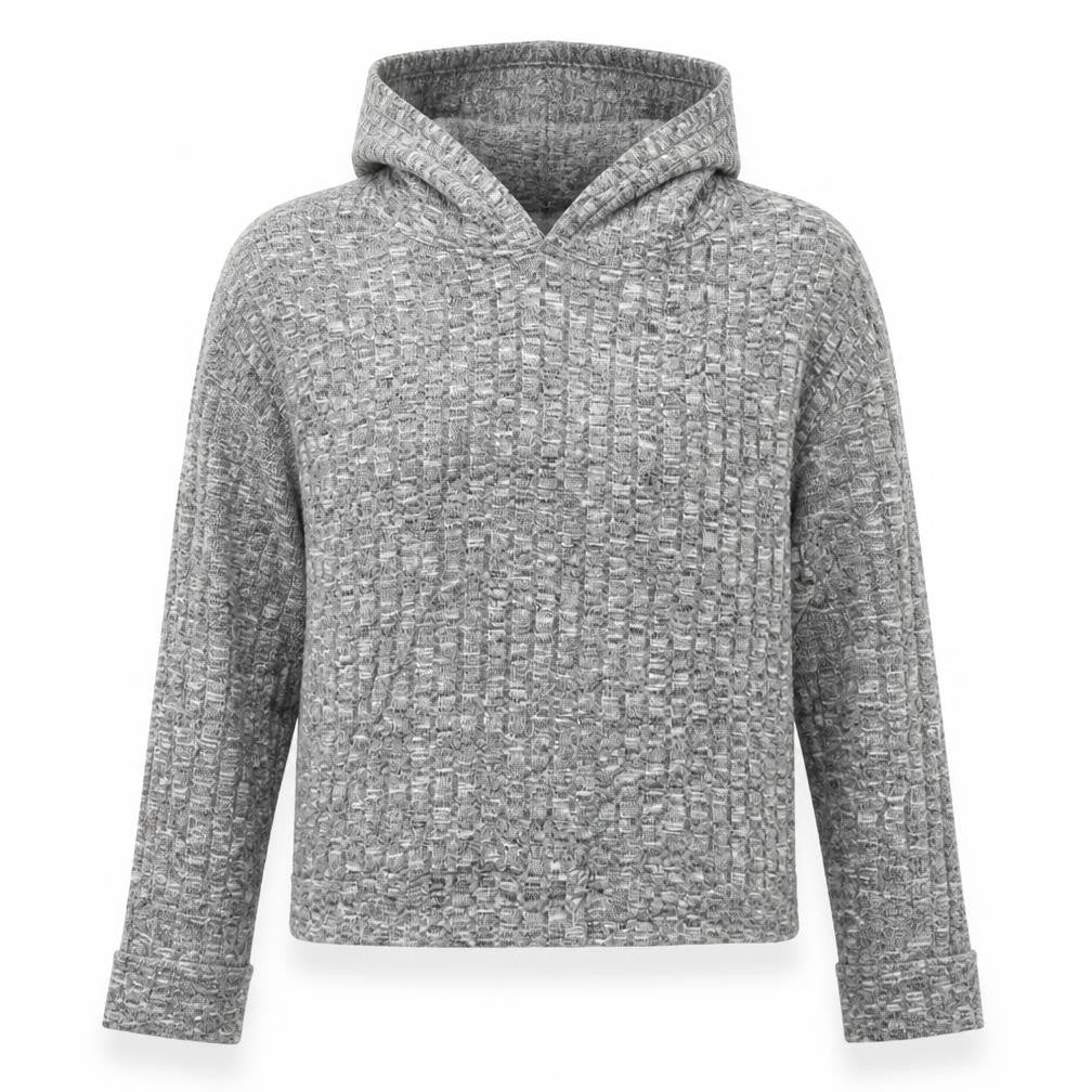 Front view of Boohoo women’s grey polyester pullover hoodie, size M, - cropped