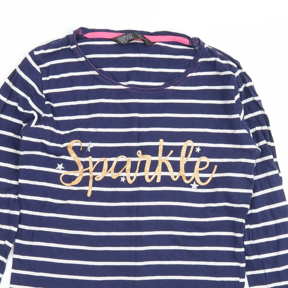 Follow that Dream Womens Blue Striped Cotton Basic T-Shirt Size 8 Crew Neck