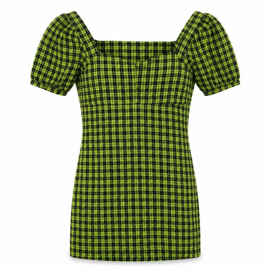 Front view of Noisy May women’s yellow check cotton bodycon, size L, off the shoulder pullover