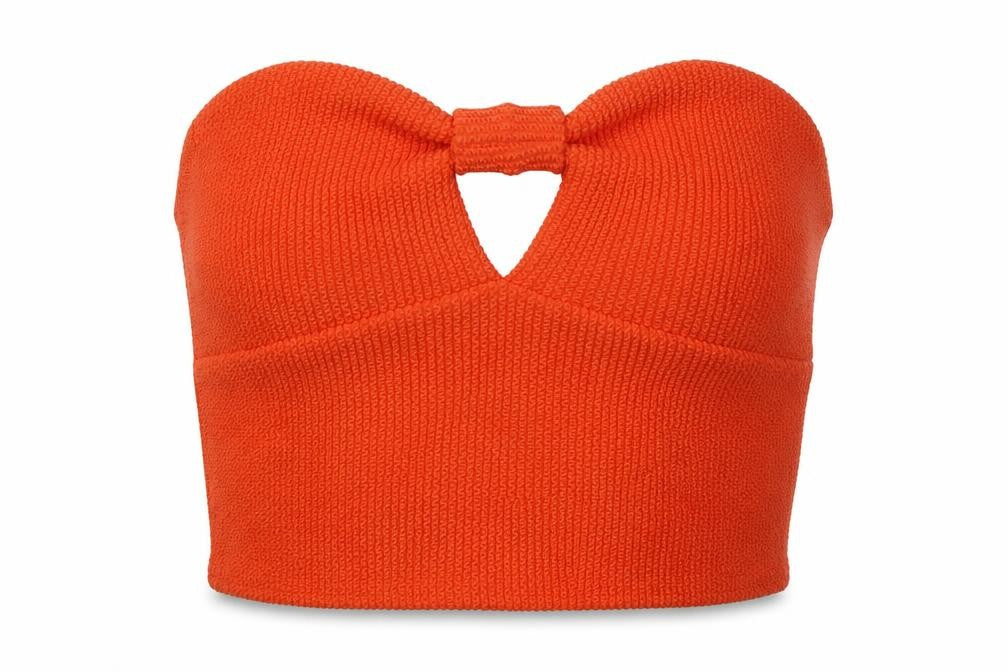 Front view of Boohoo women’s orange polyester cropped tank, size UK 12, off the shoulder