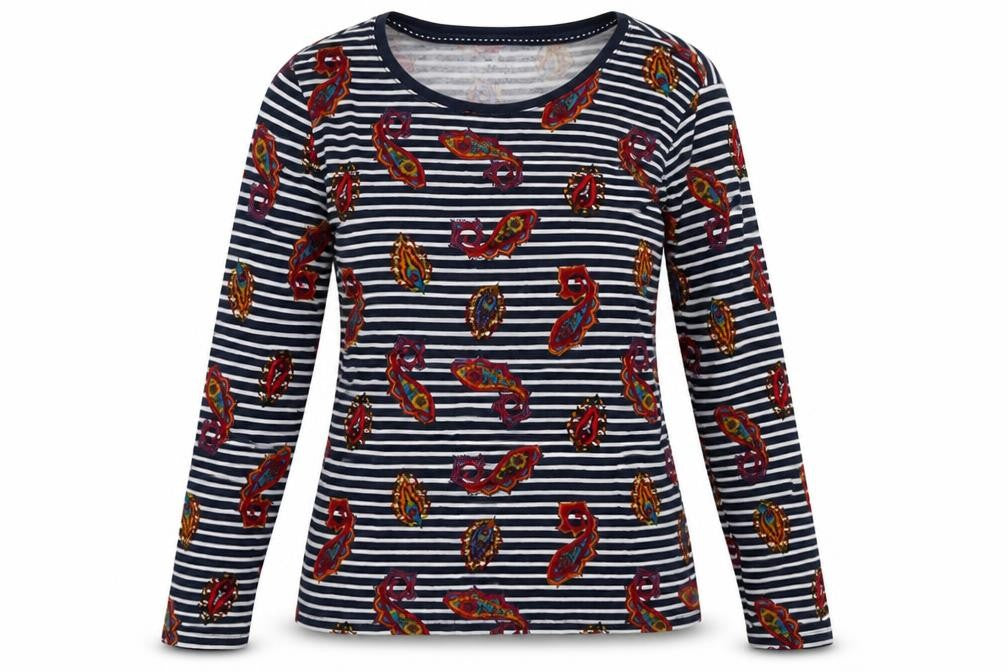 Front view of TU women’s blue striped cotton pullover sweatshirt, size UK 10, pullover